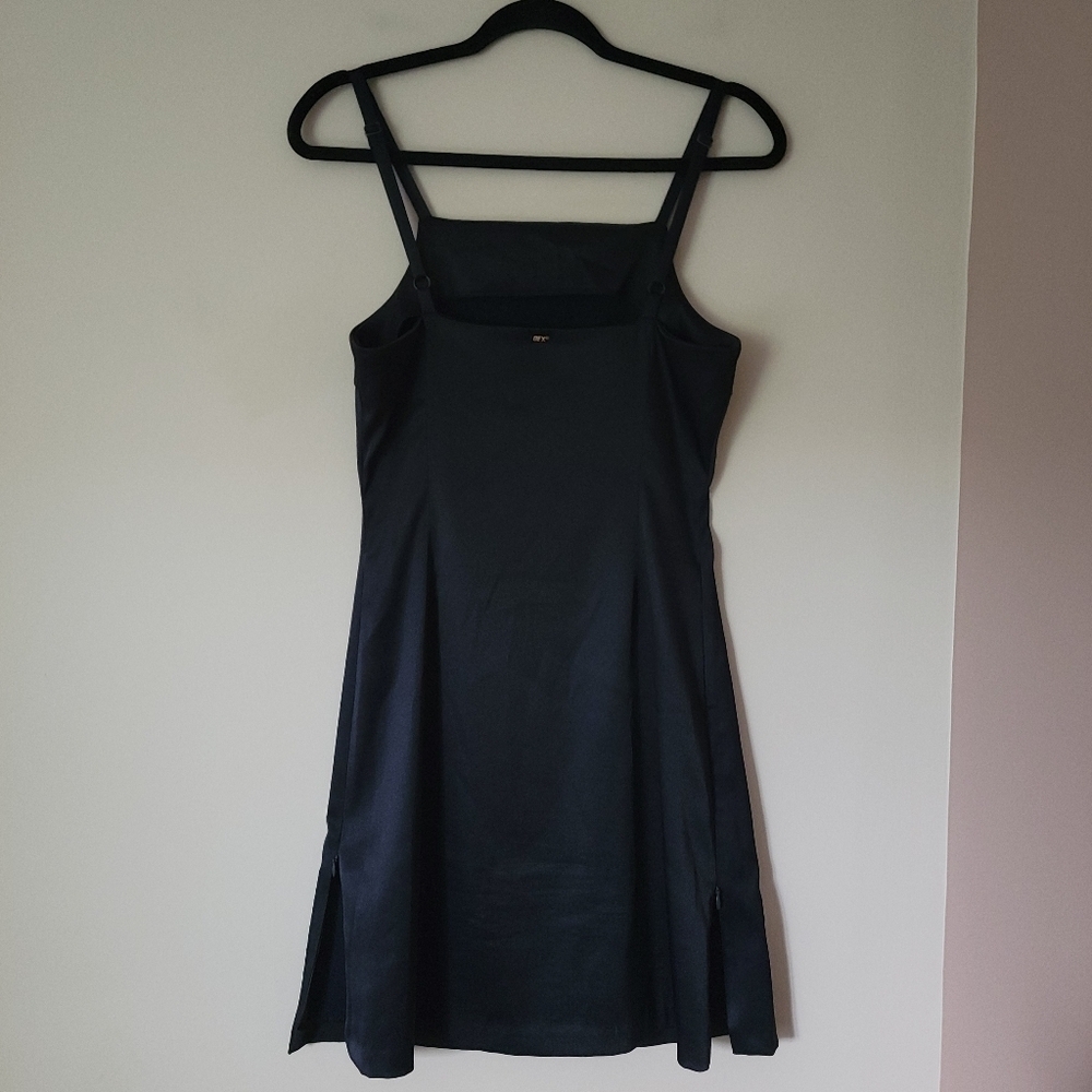 Vintage 90s Y2K Sexy Black Satin Square Bib Neckline Mini Dress Embroidered Sz 7 - Picture 2 of 10